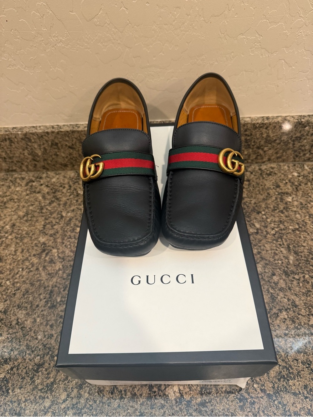 Gucci Black Leather Loafers with Red and Green Web & Gold GG